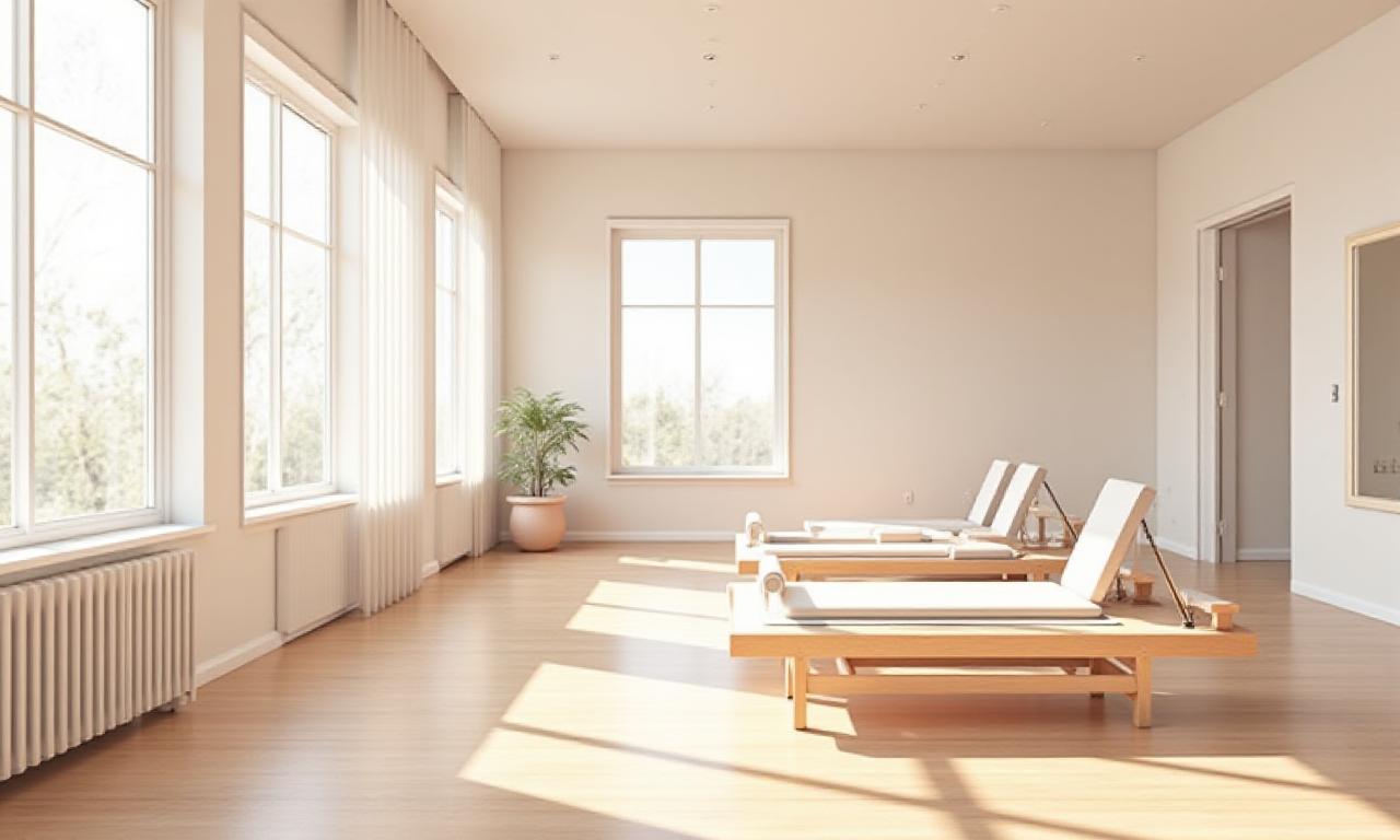 A serene wellness space with natural wood and soft sunlight